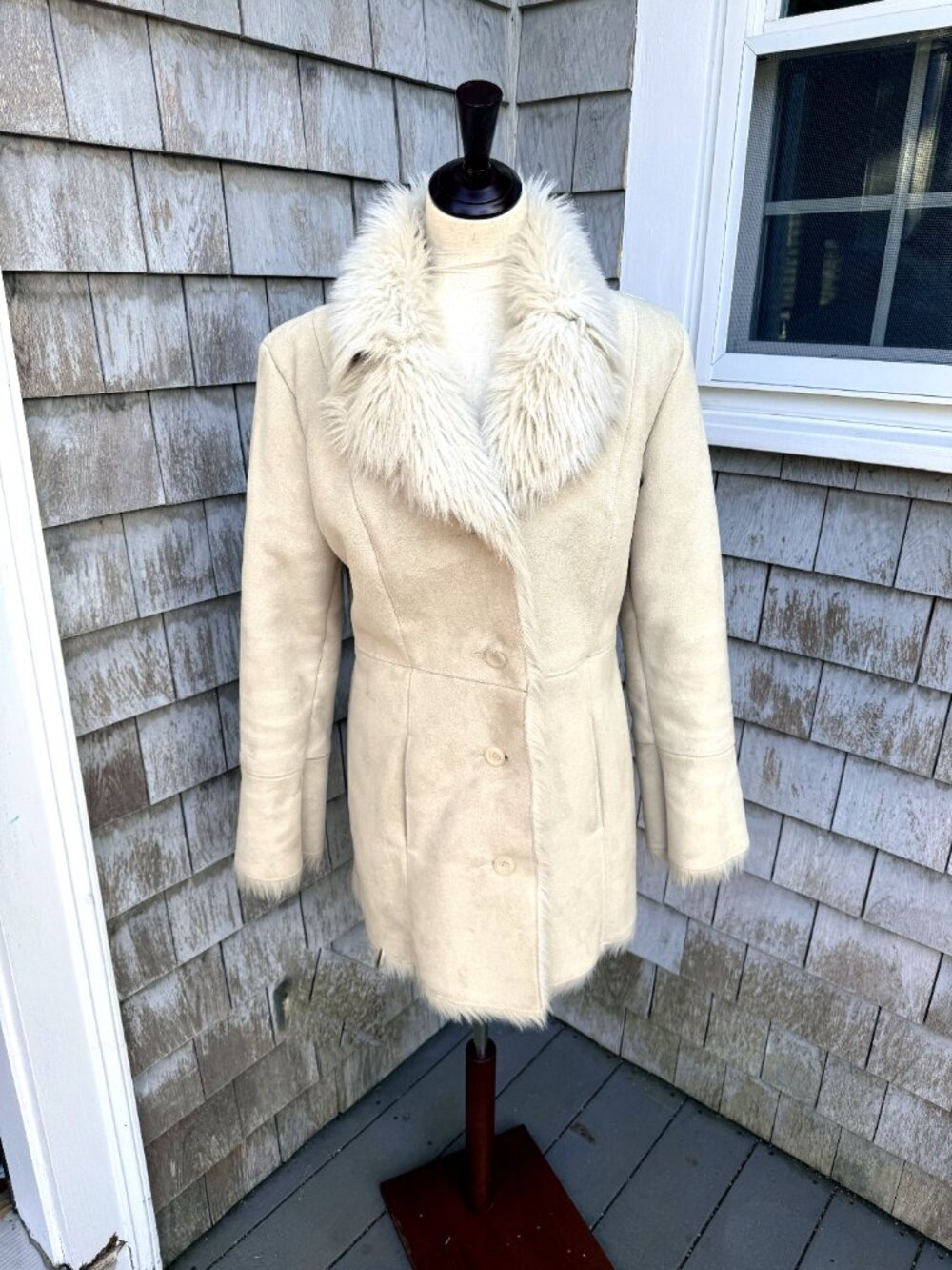 Mixito Cream Faux Shearling Coat with Fur Trim — Size Small